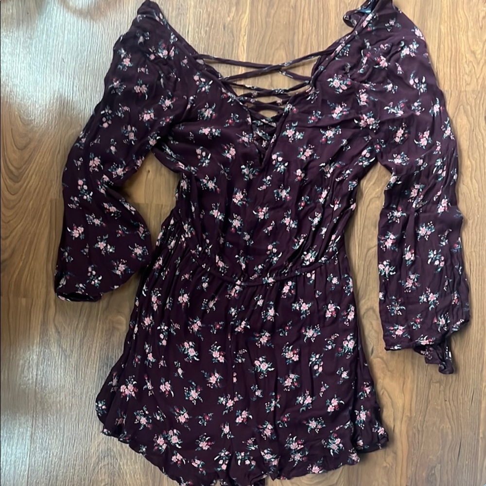 American Eagle Burgundy Floral Crisscross Romper